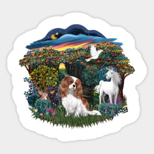 Blenheim Cavalier King Charles Spaniel & A Unicorn in Magical Woods Sticker